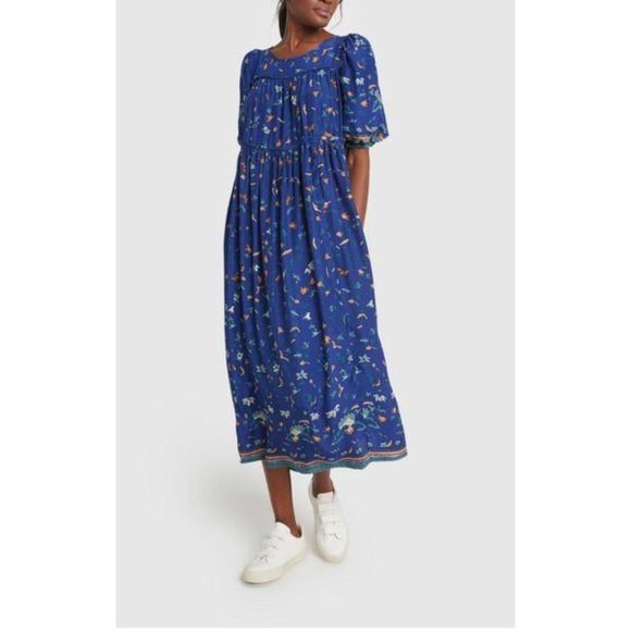 NATALIE MARTIN Haley Silk Short Sleeve Tassel Maxi Dress Blue Printed Size XS - Picture 1 of 6